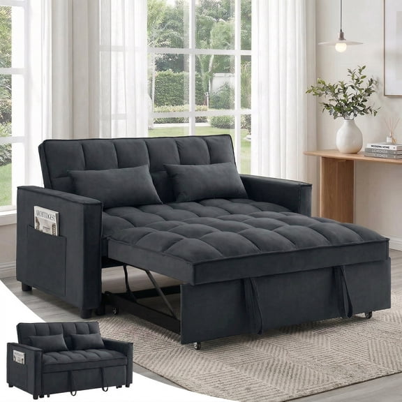 Avobird 3-in-1 Velvet Convertible Sleeper Sofa, Pull Out Couch Bed with Adjustable Backrest & Storage, Black