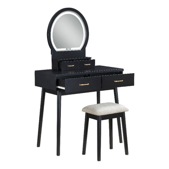 Anvy Vanity Desk Set with Mirror and Stool- 4 Drawers- Black Wood