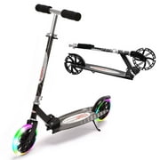 ChromeWheels Kick Scooter for Teens, Deluxe 8" Large 2 Light Up Wheels Wide Deck 5 Adjustable Height with Kickstand Foldable Scooters, Best Gift for Age 9 up Kids Black