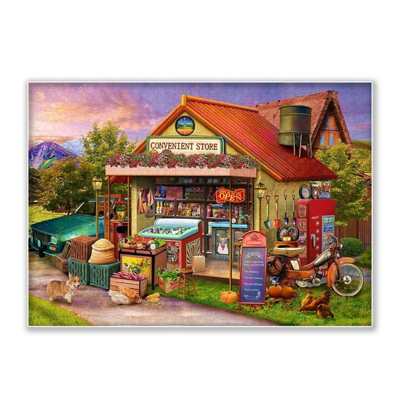 Retro Country Convenience Store-Corgi 1000 Piece Adult Jigsaw Puzzle,Intellectual Challenge, Home Wall Decoration, Holiday Party, Birthday Gift, Adult Fun Jigsaw Puzzle. Size: 29.5x19.7in