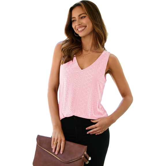 Women's Light Pink Eyelet Knit Tank Top – Sleeveless V Neck Casual Summer Shirt, 2XL
