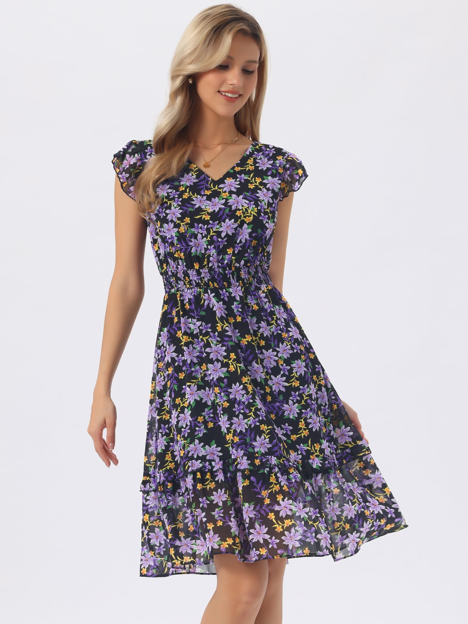 DARING DIVA Women's Floral Summer V Neck Flutter Sleeve Ruffle Dress M Purple Black