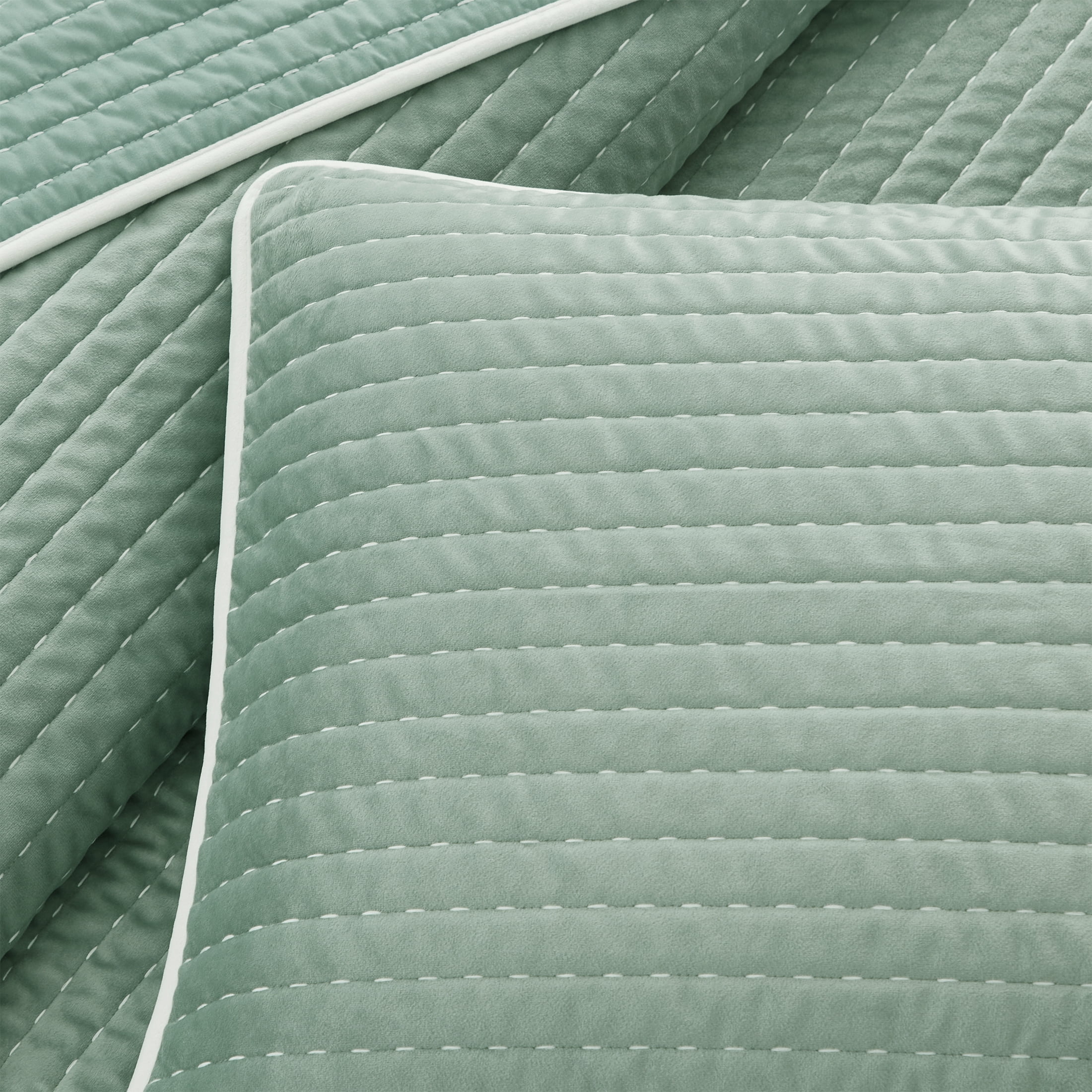 My Texas House Quinn Iceberg Green Pick Stitch Stripe Velvet 3-Piece Quilt Set, King