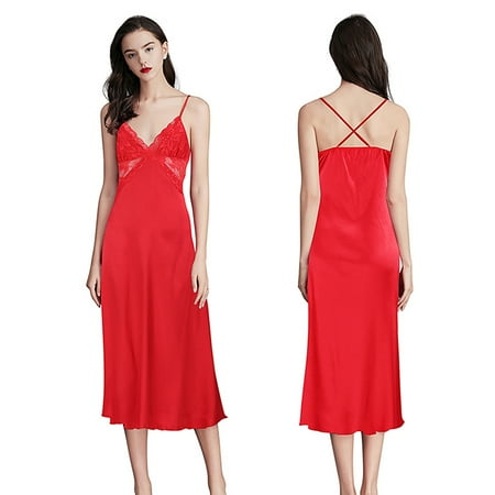 Women Satin Nightgown Lace Slip Sleepwear Sexy Chemise Nightwear Mid-Length Sleep Dress  Spaghetti Strap V Neck Babydoll Sleepshirt Nightie Dress  Red S-XL