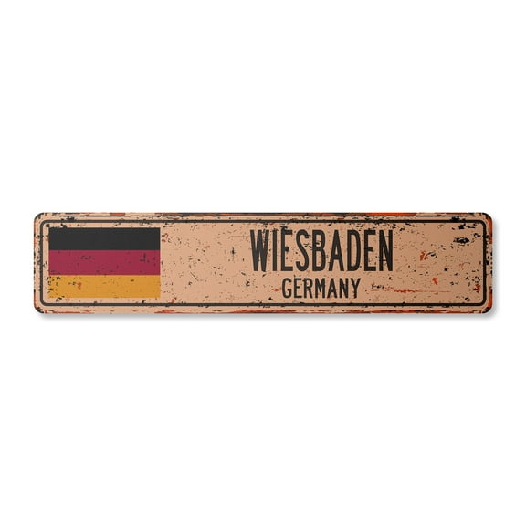 WIESBADEN GERMANY Vintage Aluminum Street Sign German flag city country road rustic metal tin wall gift | Indoor/Outdoor | 18" Wide