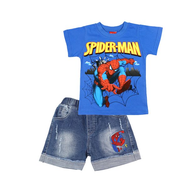 Trajes de niños Dibujos animados Verano Algodón Niños Camiseta Pantalones cortos de mezclilla Conjunto de ropa Traje de niños Ropa Vengadores Spiderman8T Gao Jinjia LED