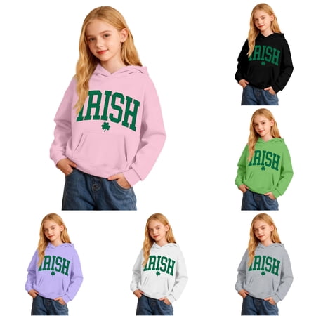 SONXAHE Little Girl s Vintage Letter Hoodie Irish Shamrock Printed Long Sleeve Hooded Sweatshirt Holiday School Kids Sweatshirts Pink