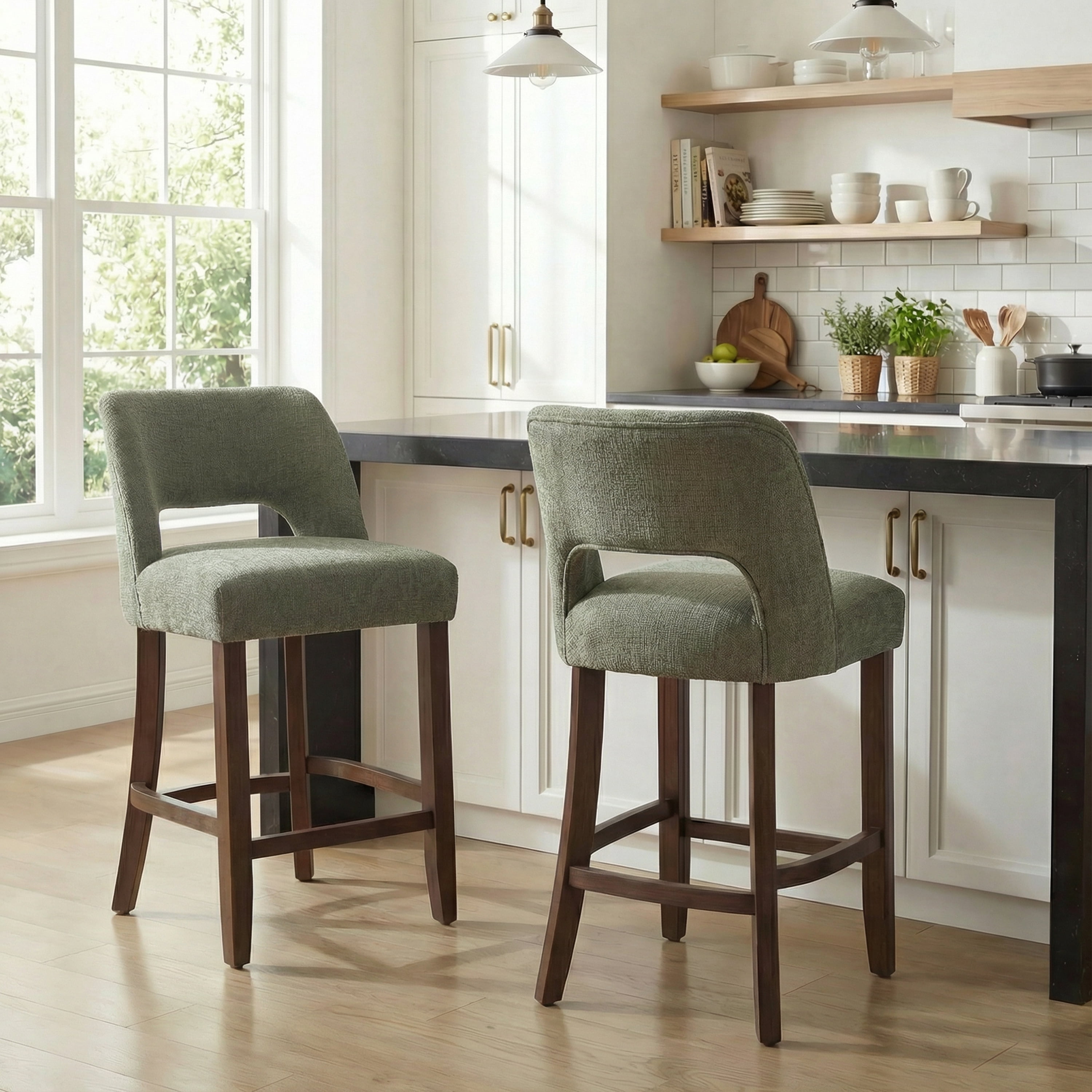 Vknow Furniture Bar Stools Set of 2, 26" Upholstered Counter Height Bar Stools, Modern Counter Stools with Wood Legs for Kitchen Island Dining Room Bar,Green