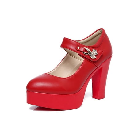 

Woobling Women High Heels One-strap Dress Pump Shoes Chunky Pumps Fashion Mary Jane Formal Party Work Shoe Red 10CM 9
