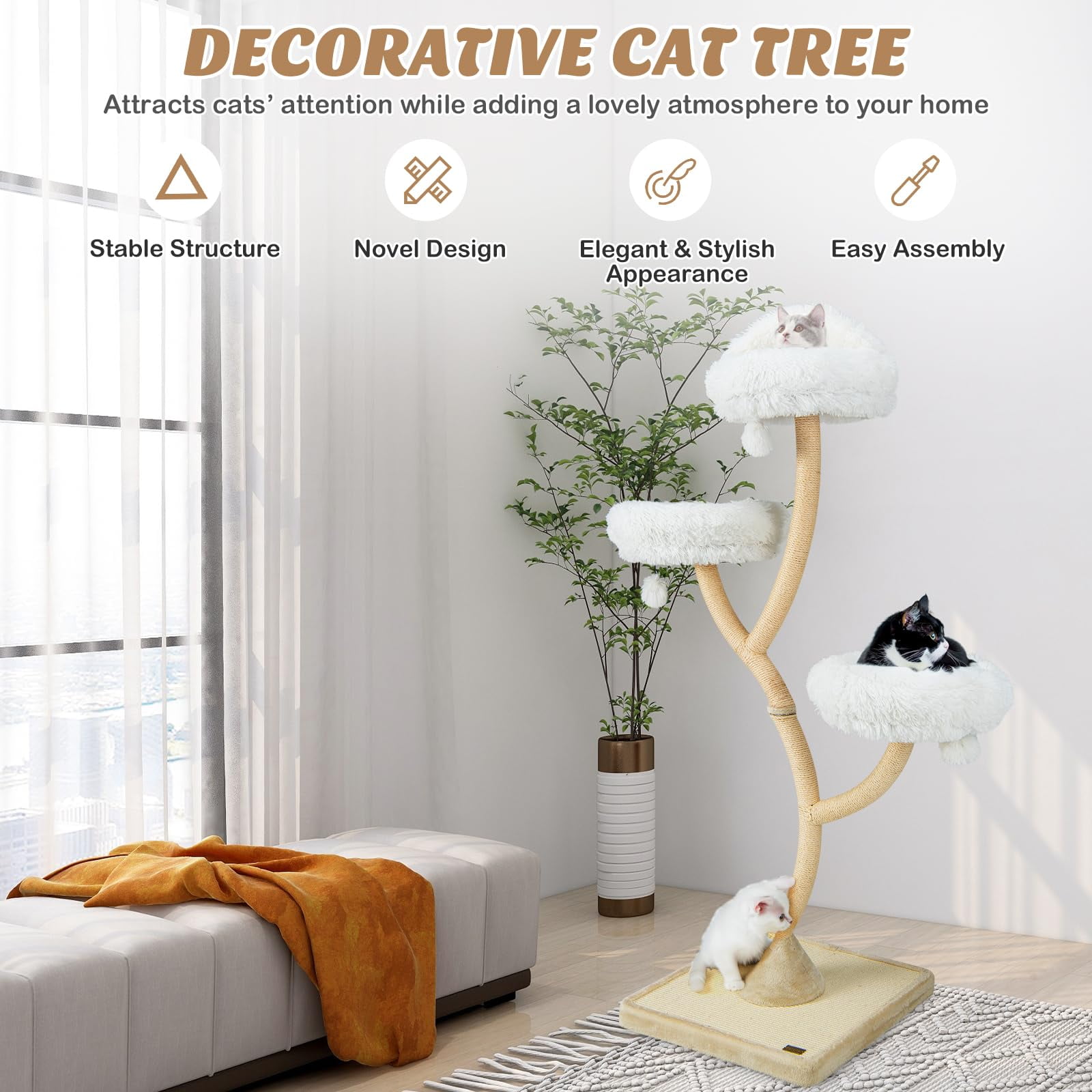 70 Inch Tall Cat Tree for Large Cats 20+ lbs, Multi-Level Cat Tower with Scratching Posts, 3 Cozy Perches and Dangling Toys, Modern Indoor Cat Furniture for Adult Cats, Beige