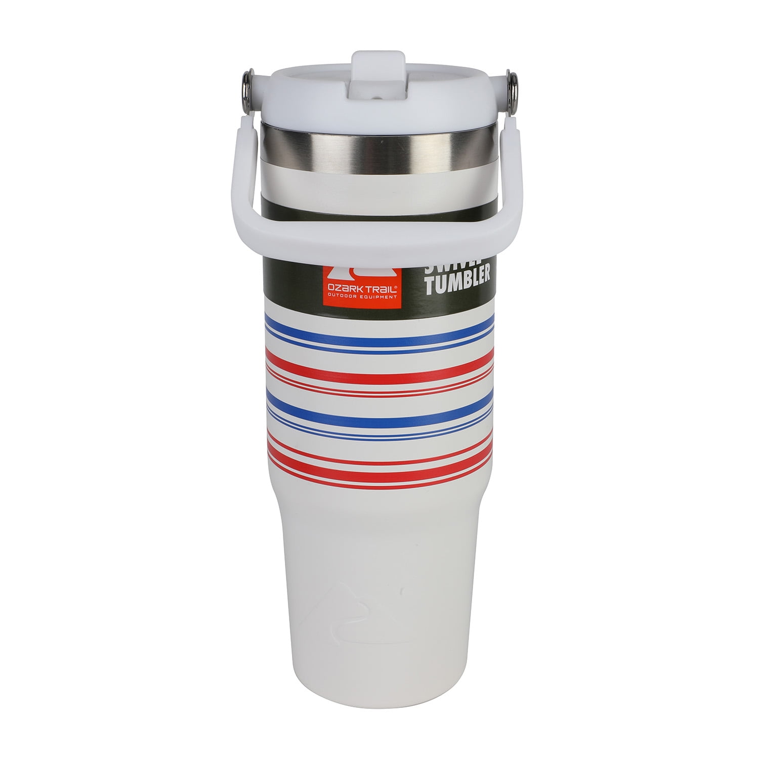 Ozark Trail 30 oz Stainless Steel Insulated Swivel Tumbler, White with Red and Blue Stripes