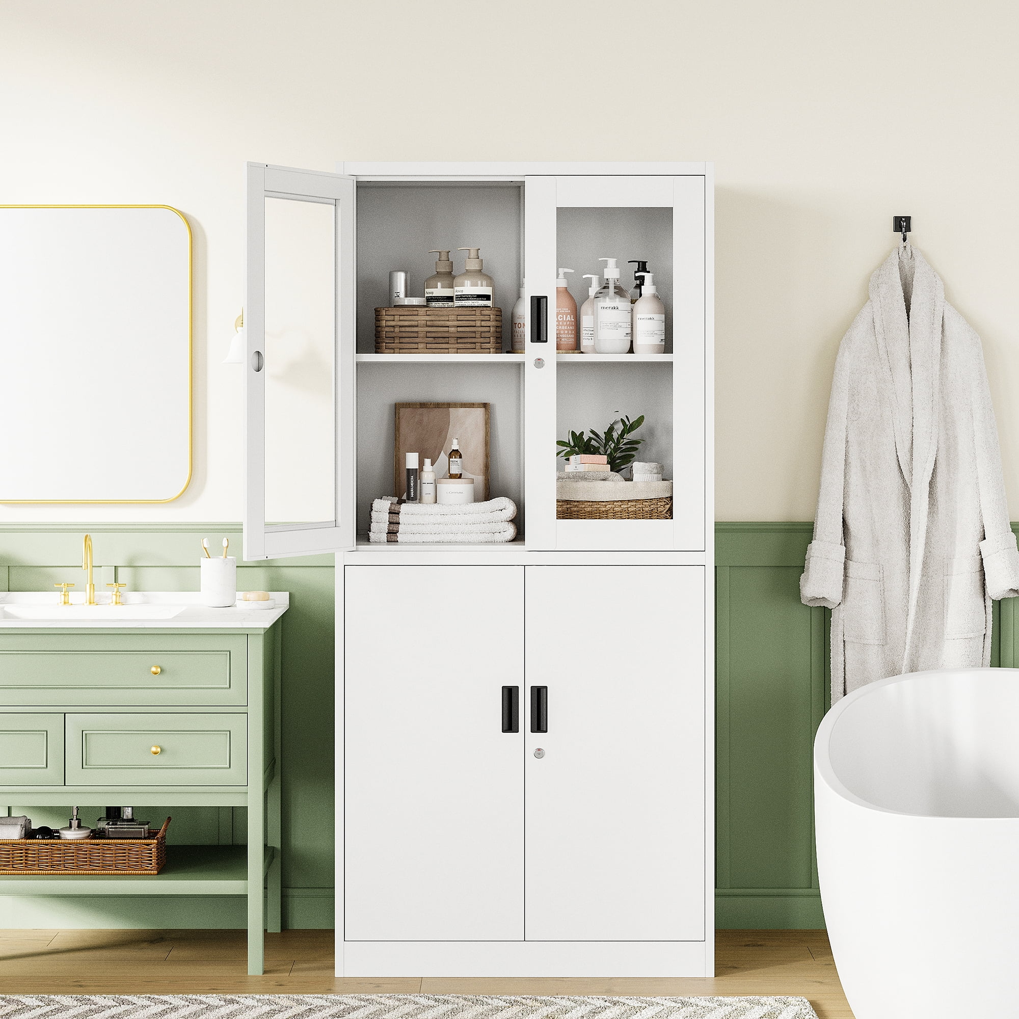 STANI Heavy Duty Metal Cabinet with Lock, Tall Office Storage Cabinet with Glass Door, Lockable White Steel Cabinet with 2 Adjustable Shelves for Home, Clinic, Pantry, Basement