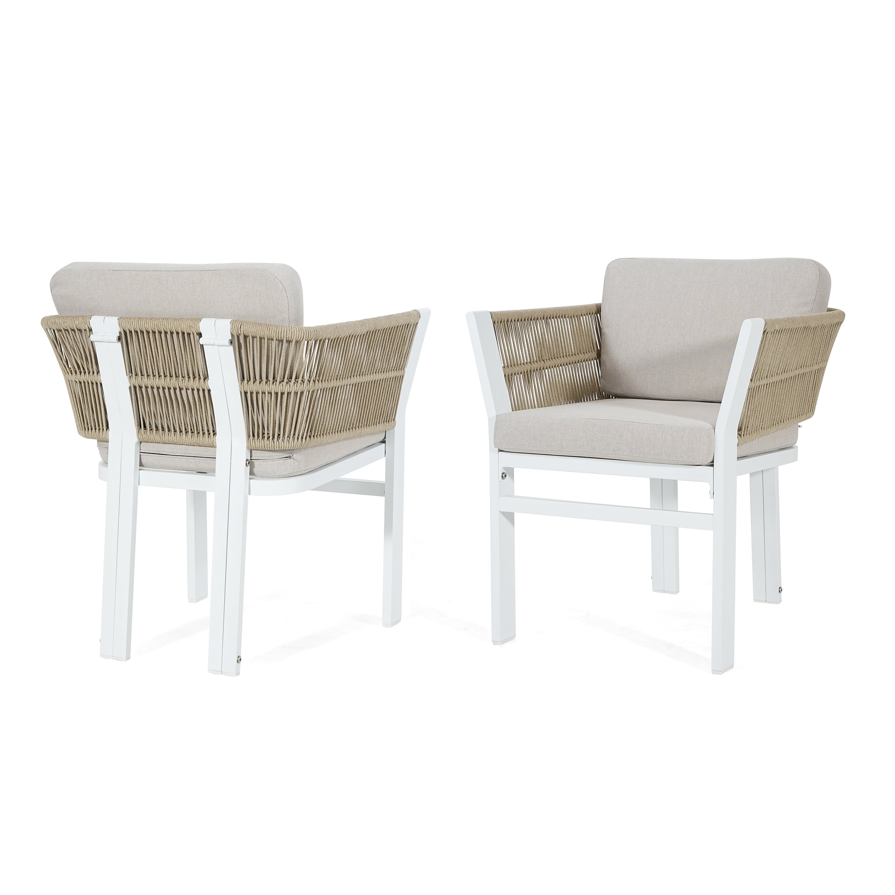 Outdoor Dining Chair Set of 2, White Aluminum Frame with Beige Cushion All-Weather Patio Seating, White