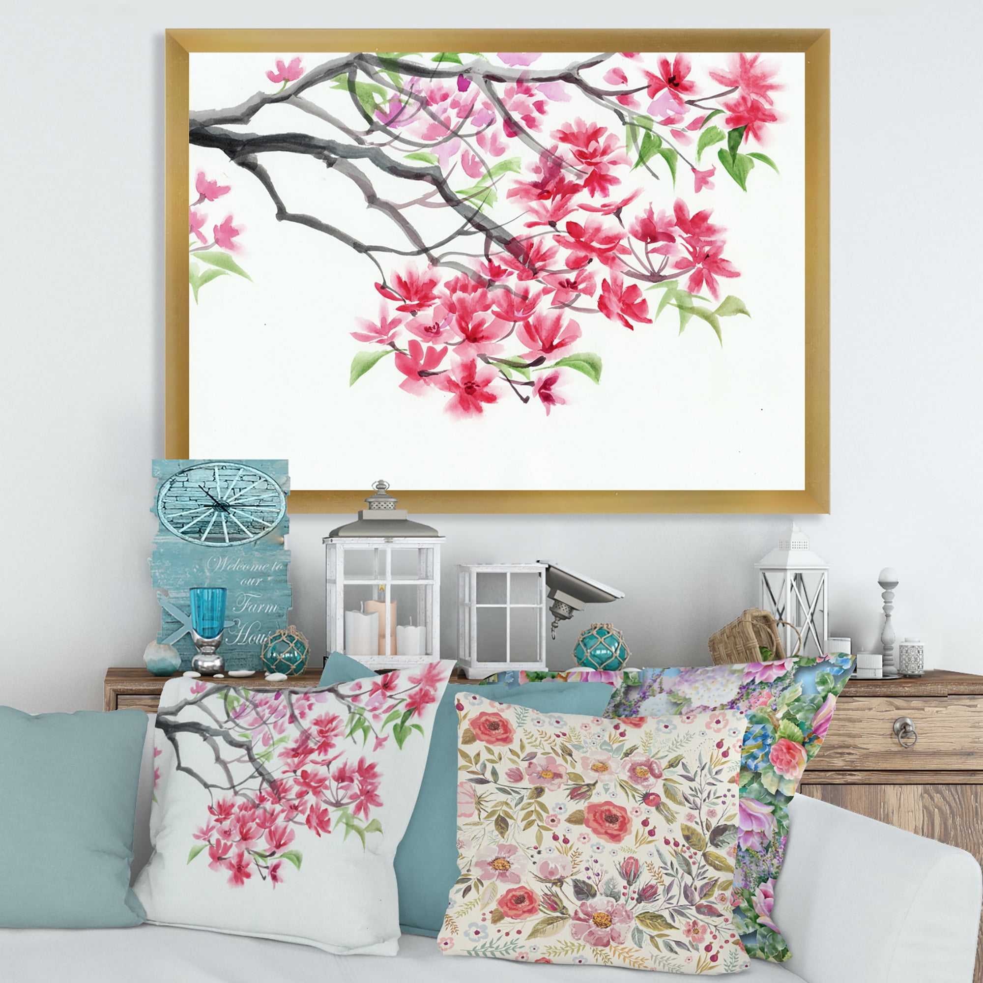 Designart 'Red Blossoming Tree On White' Traditional Framed Art Print