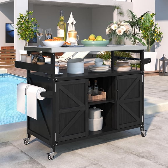 PILLOBOX 50.25" Outdoor Kitchen Island with Stainless Steel Top, Rolling Bar Cart & Storage Cabinet, Farmhouse Solid Wood BBQ Grill Cart, 4 Lockable Wheels for Patio, Poolside, Backyard (Black)
