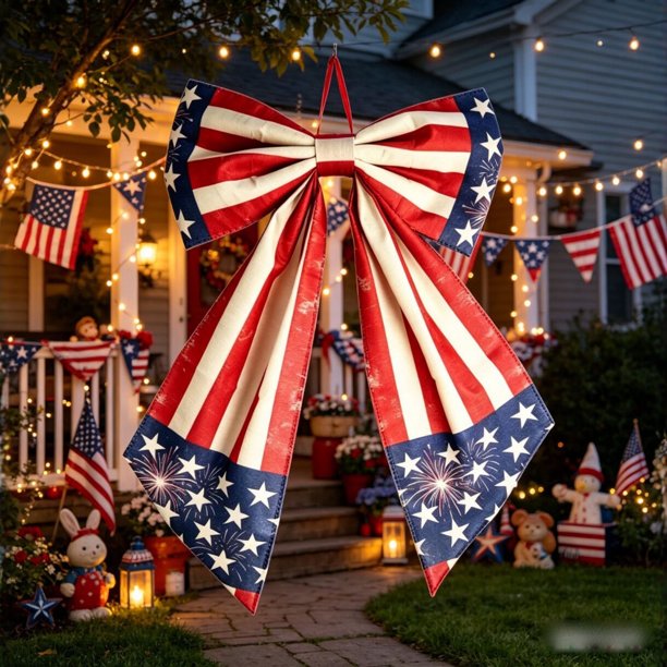 Lazo decorativo con estampado de estrellas rojas, blancas y azules para fiestas del Día de la Independencia y adornos para puertas: lazo de tela hecho a mano para coronas, repisas de chimenea y