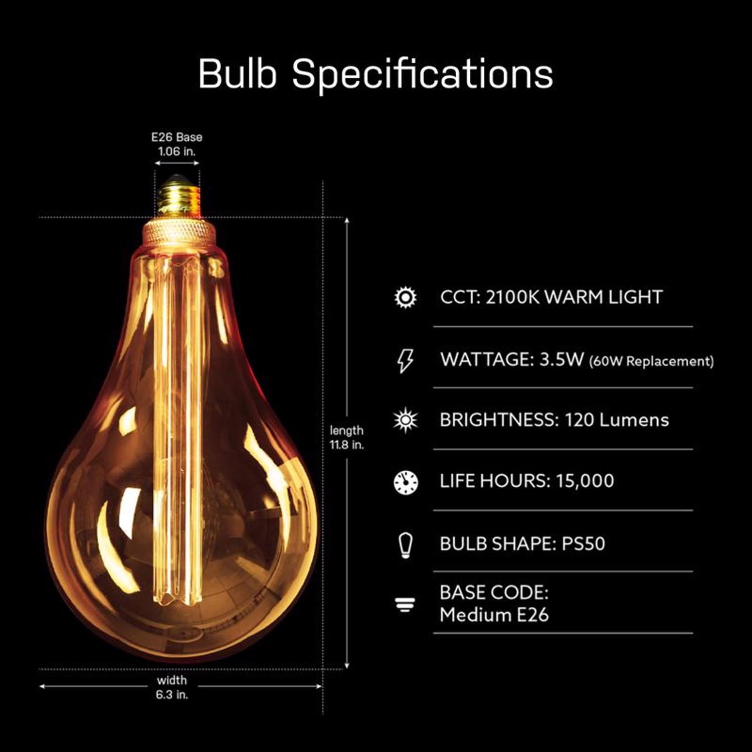 Feit PS50 E26 (Medium) Filament LED Bulb Warm White 60 Watt Equivalence 1 Pk