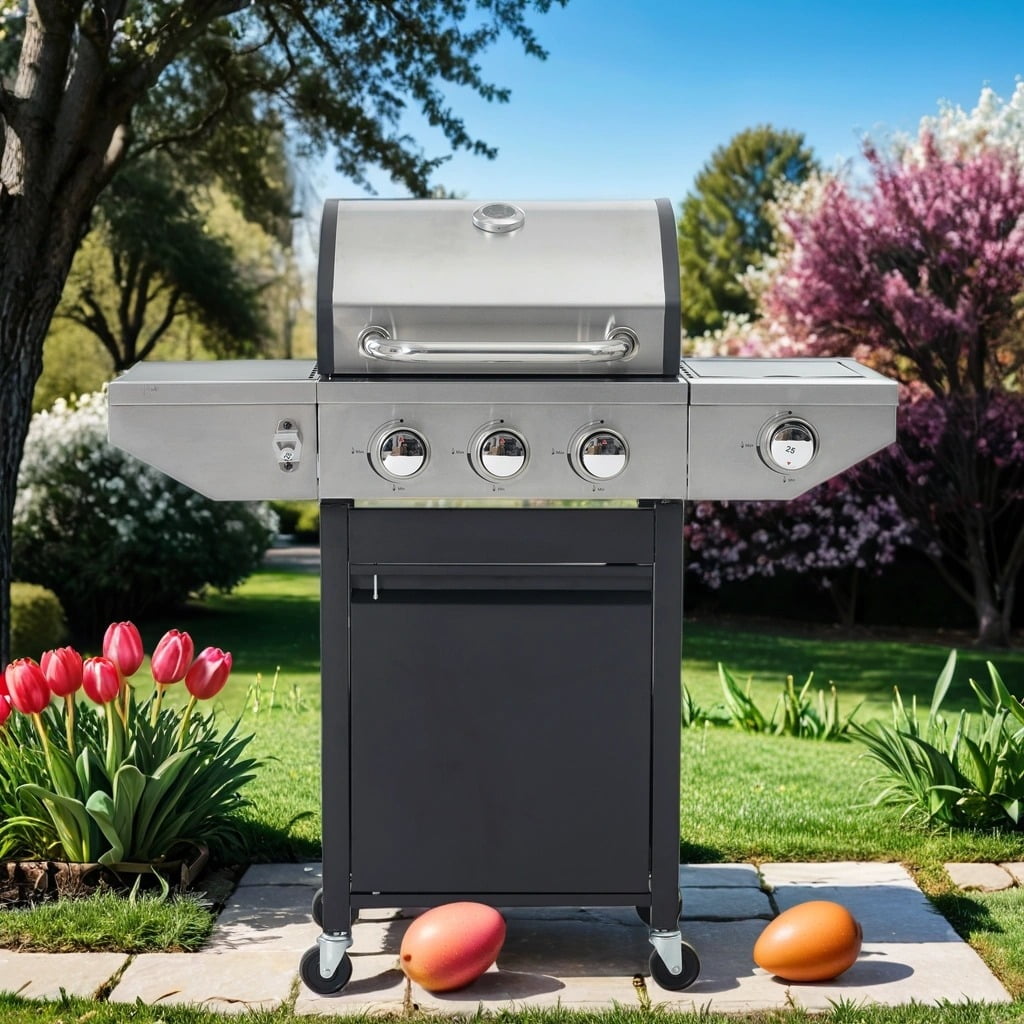 3 Burner Propane Gas Grill with Side Burner, Outdoor 37,150 BTU Stainless Steel Barbecue Grill with Lid, Wheels, Shelves and Thermometer for Camping, Outdoor Cooking