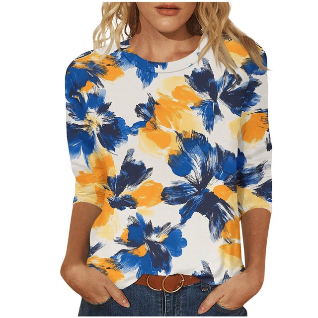 Staron Liquidation Hauts pour Femmes T-Shirts Basiques d'Été Manches 3/4 Chemises Imprimé Floral Tunique Ample Col Rond Tendance Décontractée Hauts d'Été