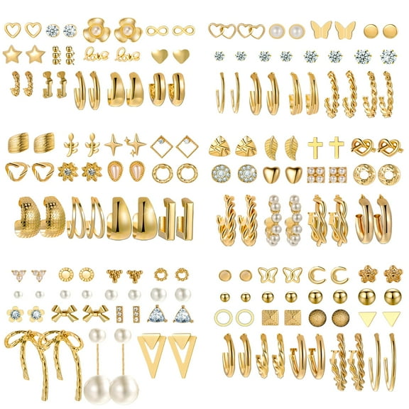 82 Pairs Gold Earrings for Women Trendy, Pearl Bow Small Hoop Stud Earrings Pack, Earring Set