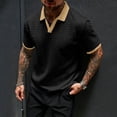 thumbnail image 2 of OIOLOYJM Men's Casual Short Sleeve Cable Knit Texture Polo Shirts Cotton Stretch V Neck Johnny Collared Tee Summer Vacation Travel Beach Lounge Golf Shirts Black L, 2 of 5