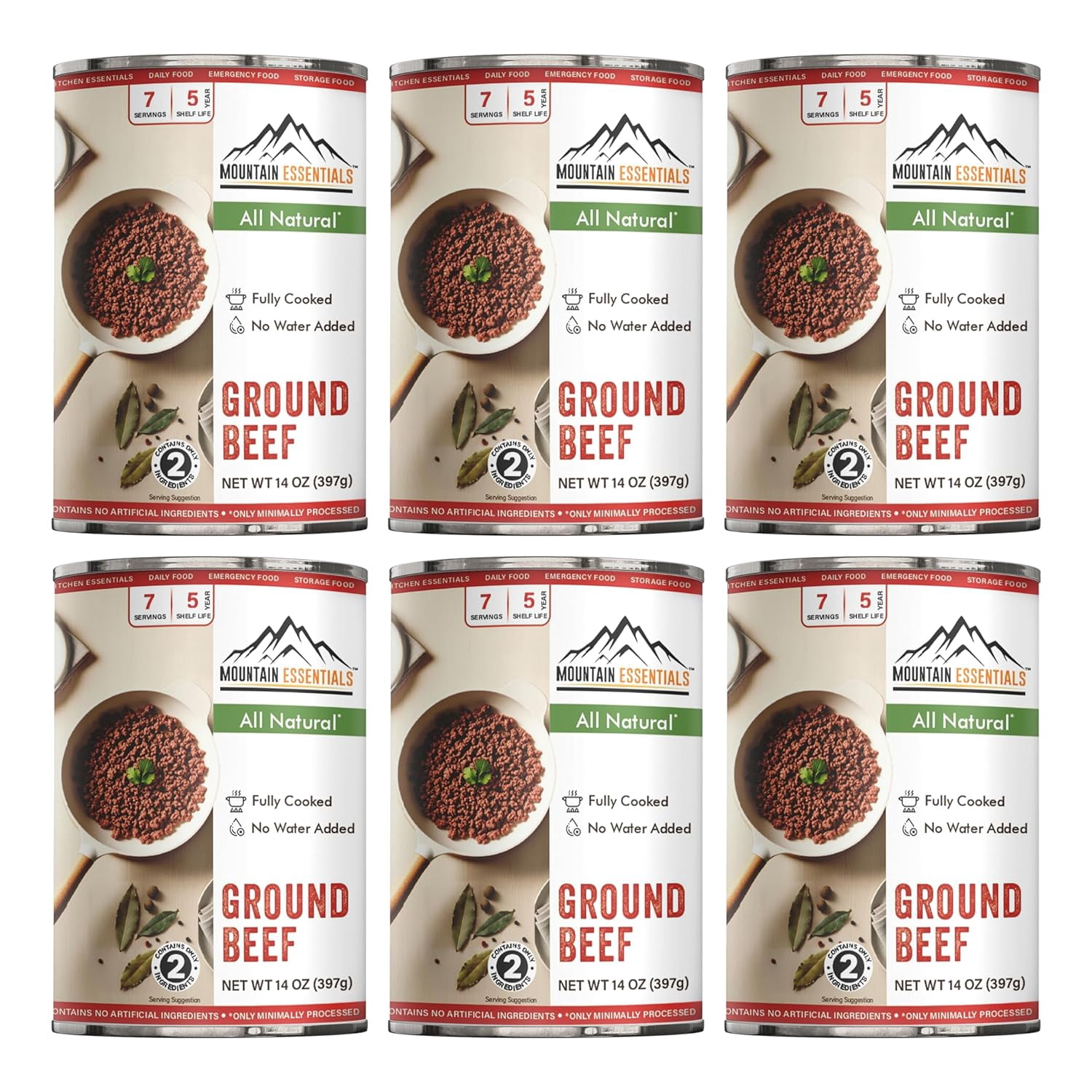 Mountain Essentials Canned Ground Beef, Fully Cooked Ready-to-Eat, 14 oz (Pack of 6), Long Shelf-Life Emergency Food