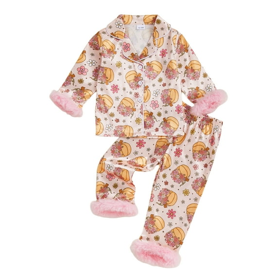 BemeyourBBs Girl Halloween Pajama Set Pumpkin Fuzzy Trim Long Sleeve Tops Pants