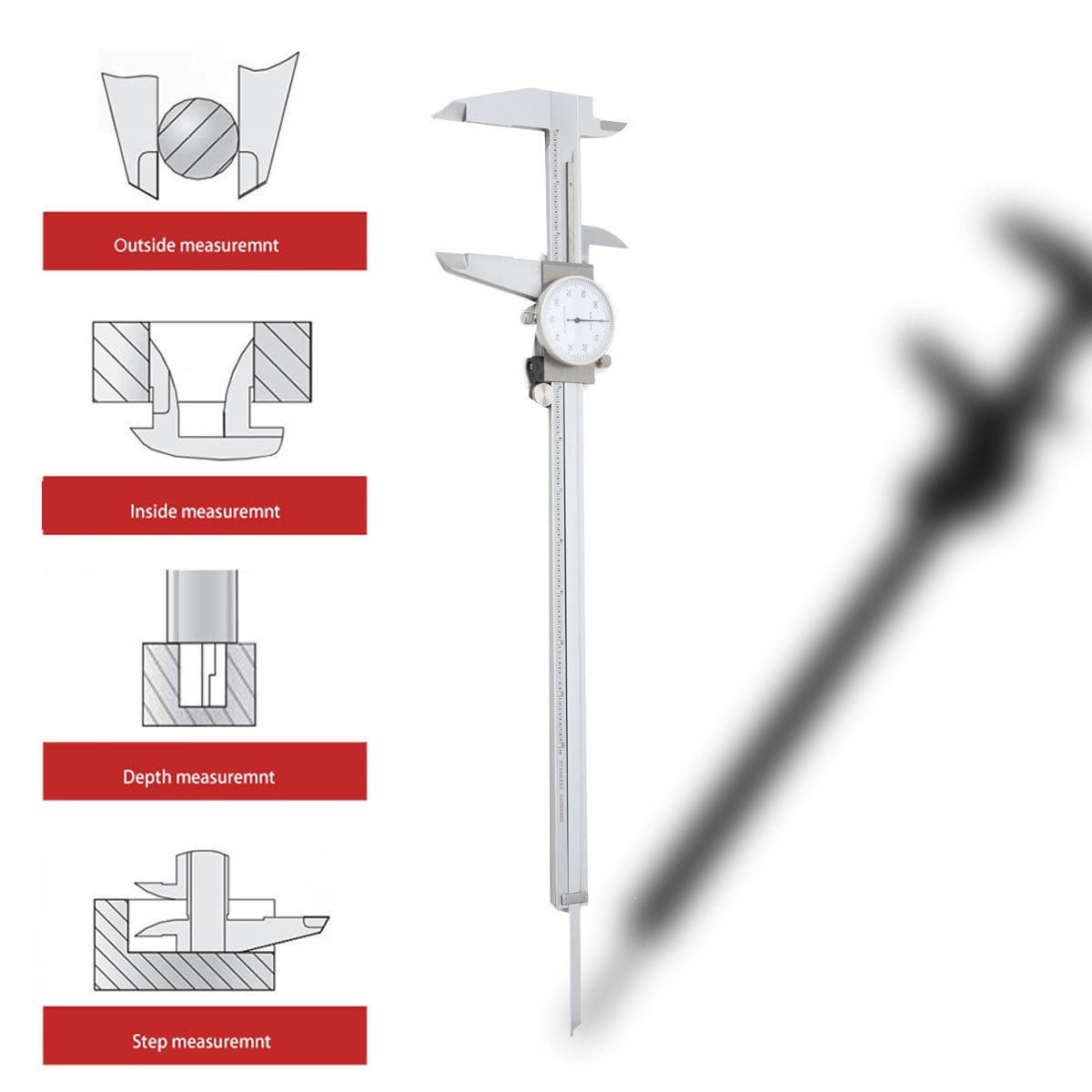 TABODD 12" Dial Caliper 0.001 Stainless Steel Shockproof 4-Way Measurement with Plastic Case