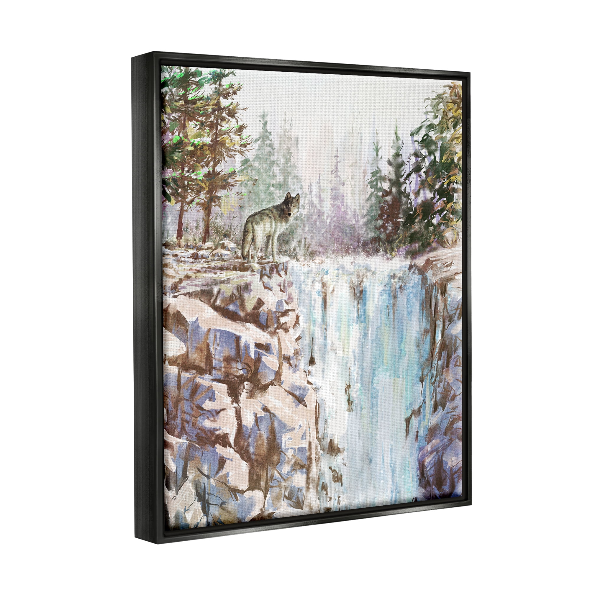 Stupell Wolf Near Rocky Waterfall Cliff Animals & Insects Painting Black Floater Framed Art Print Wall Art