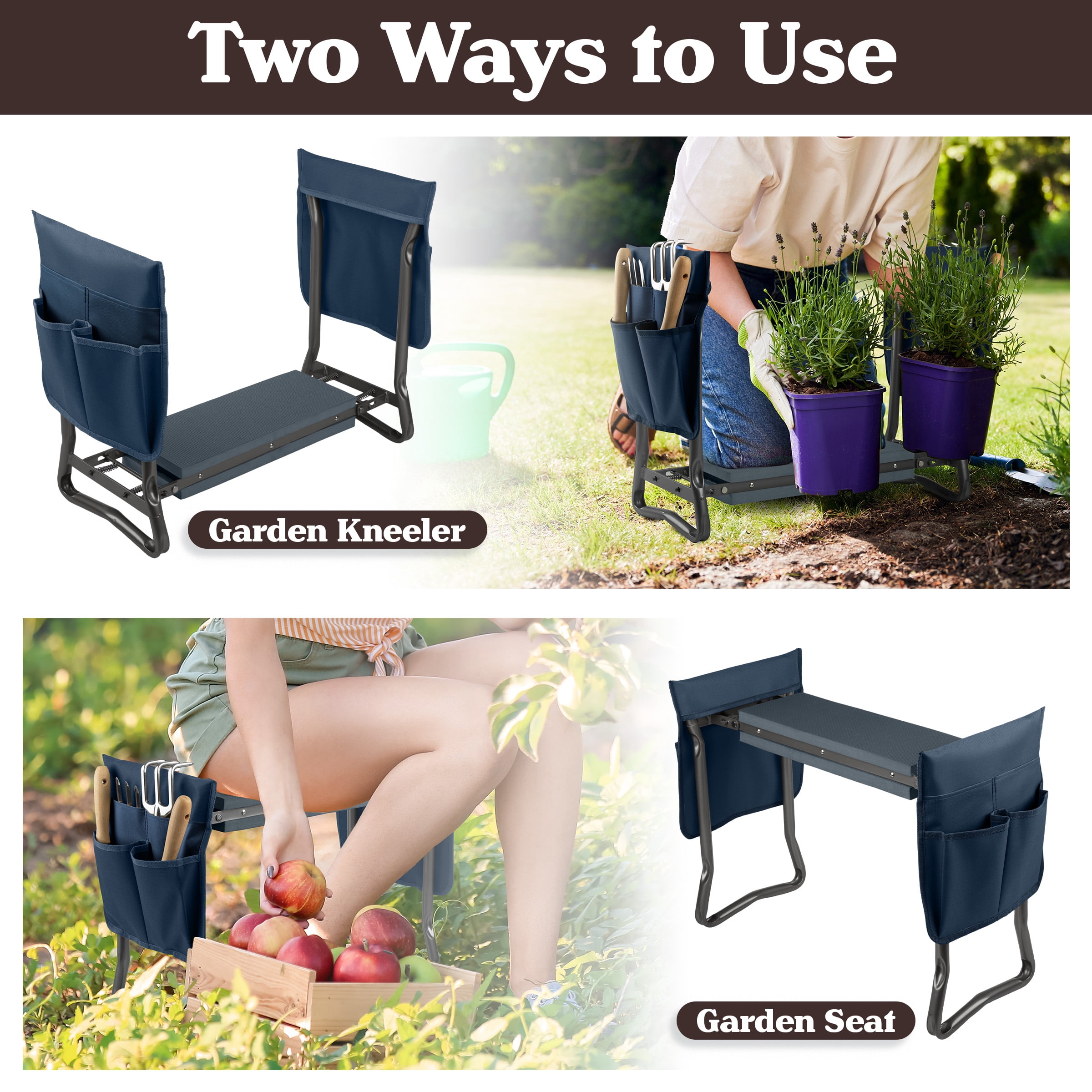 Pure Garden 2-in-1 Garden Kneeler & Stool – Folding Bench with EVA Pad & Tool Pouches, Navy Blue