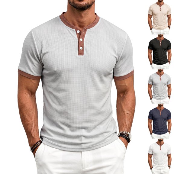 IhhxPro Men's Short Sleeve Henley T-Shirt with Button Detail Contrast Collar Casual Cotton Slim Fit Everyday Wear Summer Top S-3XL