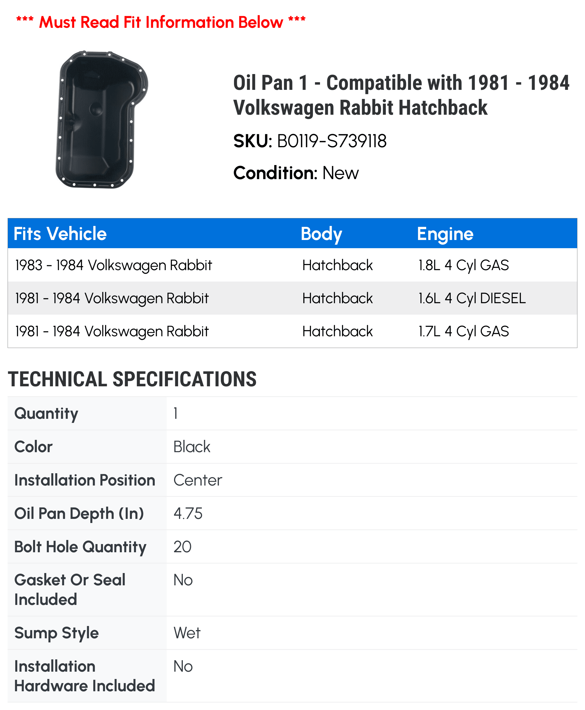 Oil Pan 1 - Compatible with 1981 - 1984 Volkswagen Rabbit Hatchback - Autopart Premium