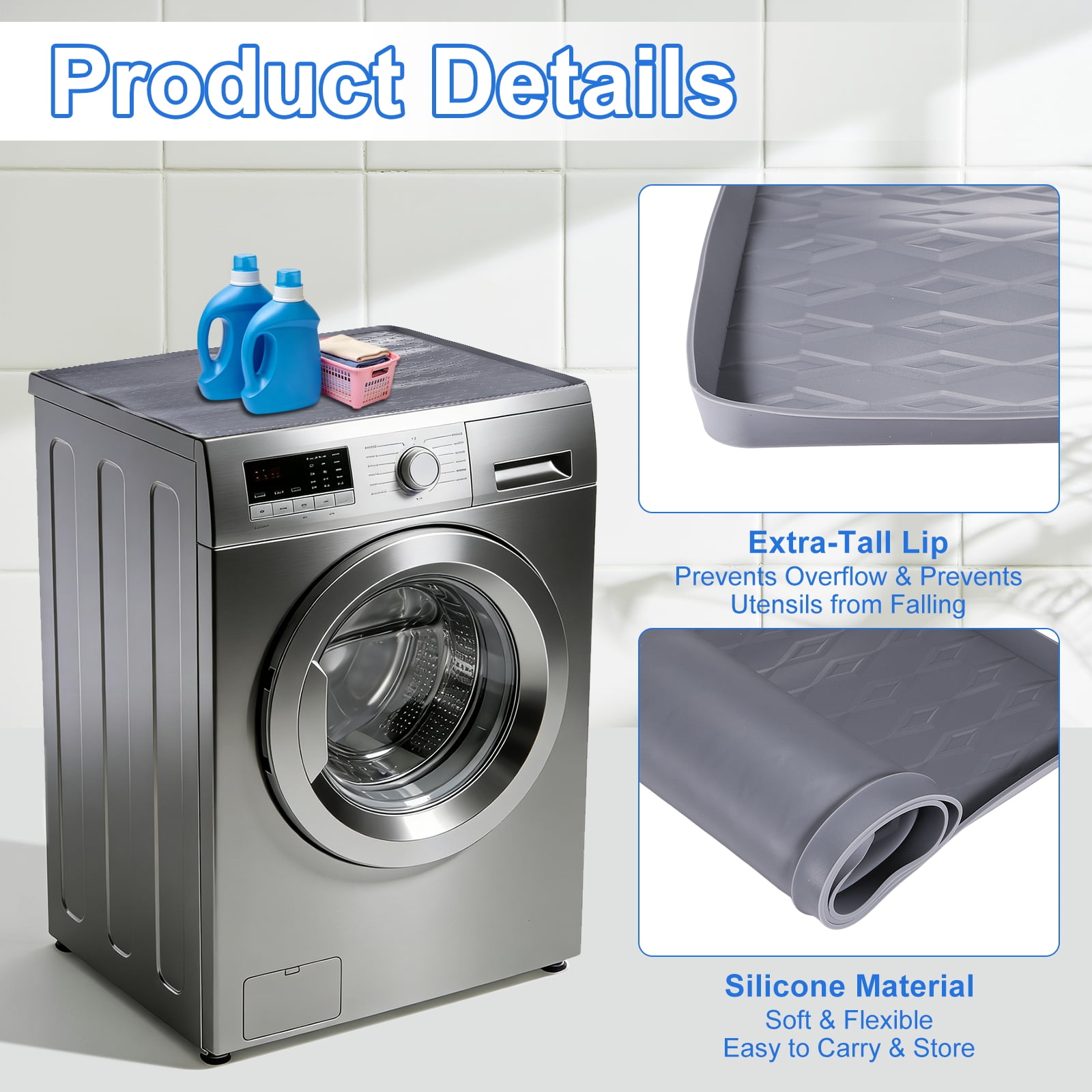 Uxcell Washer and Dryer Top Protector Mat (23.6" x 19.7") - Non-Slip Heat-Resistant Leak-Proof Washable, Silicone Washing Machine Top Cover Pad for Home/Kitchen/Laundry Room, Gray