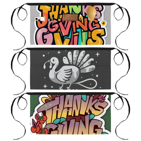 

Thanksgiving Waitress Apron with 3 Pockets Printed Design - Waist Apron Short Aprons for Kitchen or Restaurant Use
