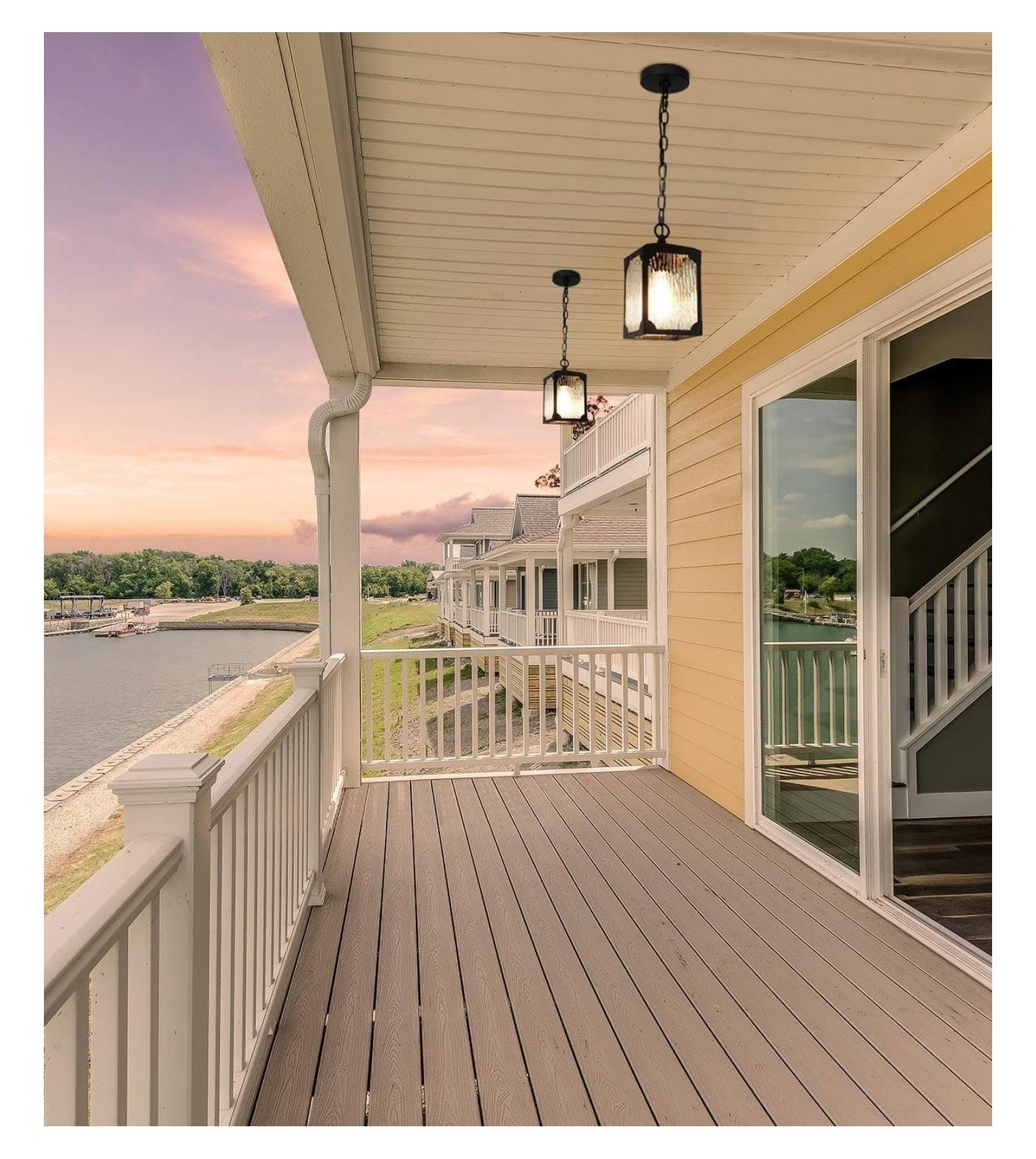 Outdoor Pendant Light Fixture, Farmhouse Exterior Lights, Anti-Rust Ceiling Outdoor Light with Water Ripple Glass, Square Hanging Lantern for Front Door, Entry, Porch, and Gazebo