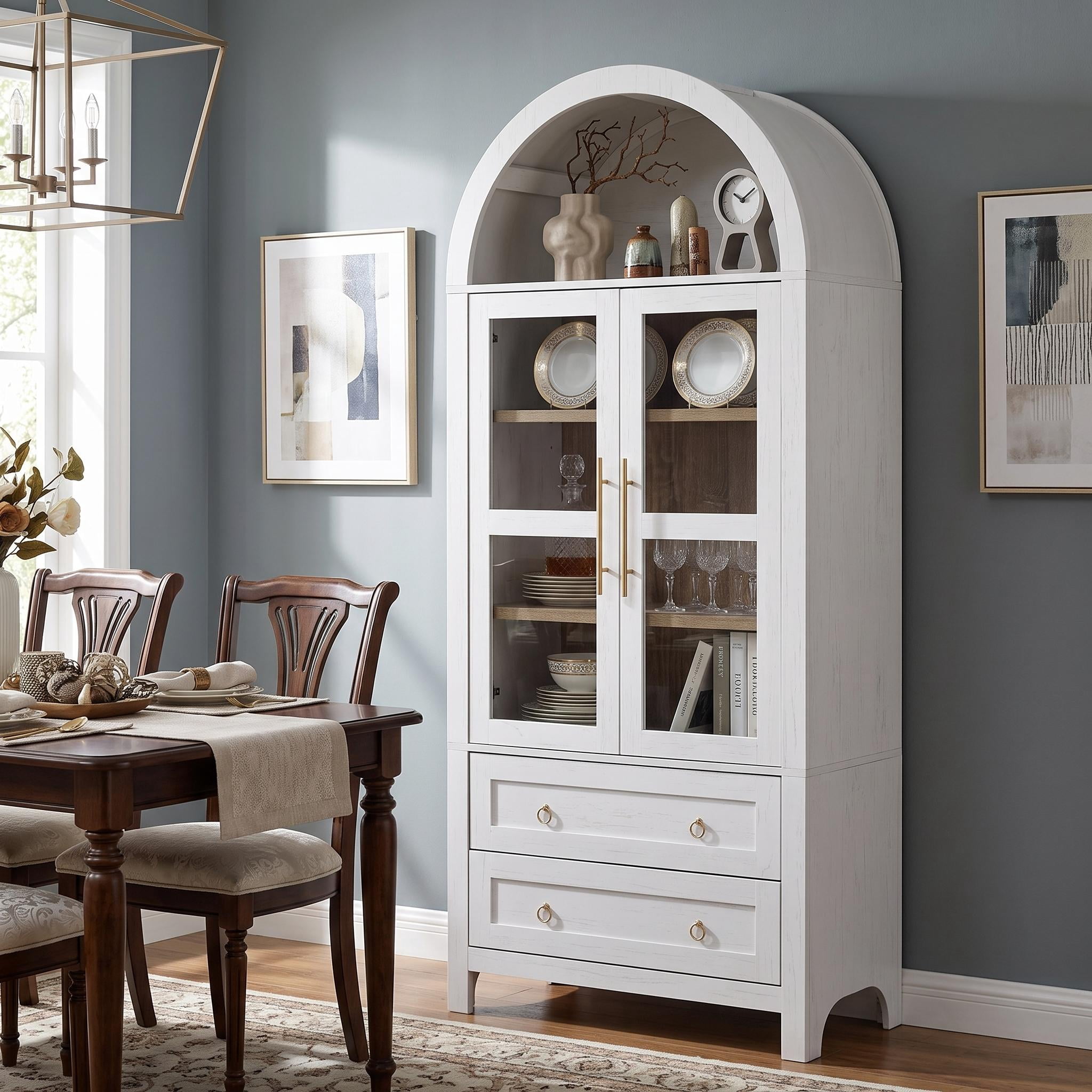 Homy Casa 71" Tall Arched Kitchen Pantry Storage Cabinet with Glass Doors 2 Drawers Adjustable Shelves White