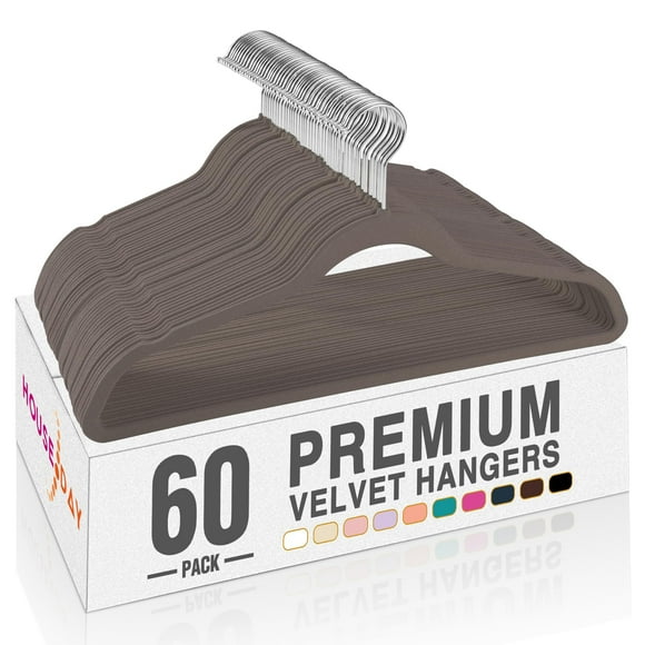 HOUSE DAY Perchas Terciopelo Topo Pqt. 60, Perchas Ropa, Antideslizantes, Resistentes, Alta Resistencia, Ahorro Espacio, sin Marcas, Gancho Giratorio 360°