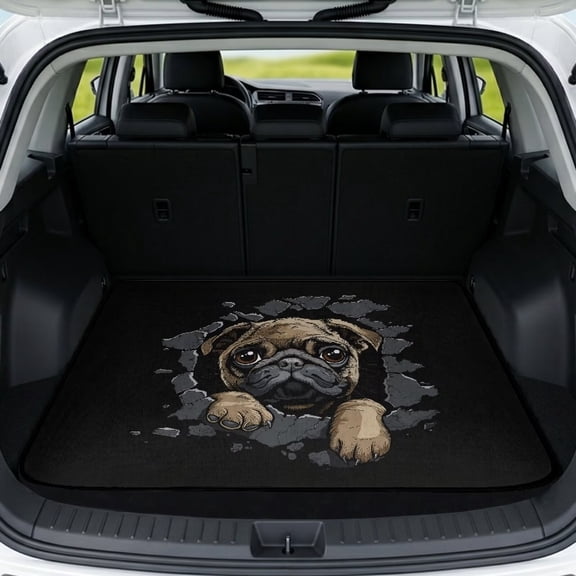 Yuyamidu 3d Cute Pug 29" x 39" Universal Fit Car Trunk Mat, All Weather Rear Cargo Liner with Gripped Bottom, Stain Resistant Machine Washable Auto Interior Accessory
