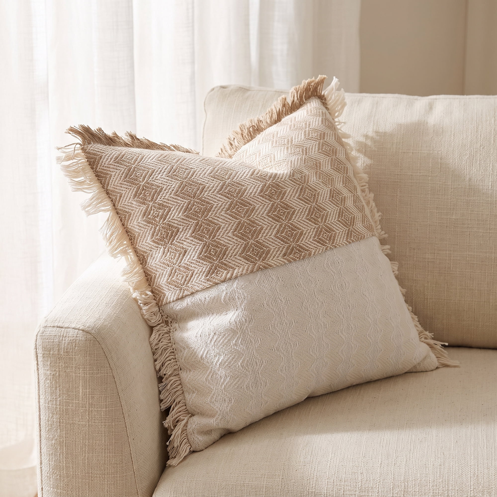 Unique Bargains Linen Colorblock Tassel Throw Pillow Covers Cushion Cases Beige 18"x18"