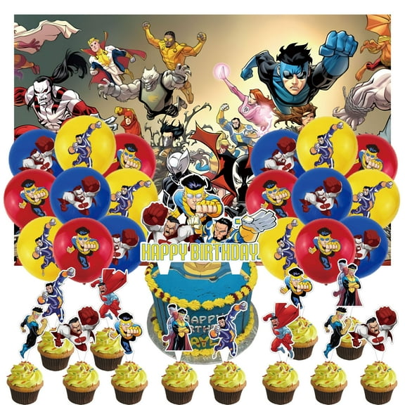 32 Pcs For Invincible Theme Party Decorations,With 5*3ft Birthday Backdrop Decorations,18 Balloons,13 Cupcake Toppers,for Birthday Party Decorations