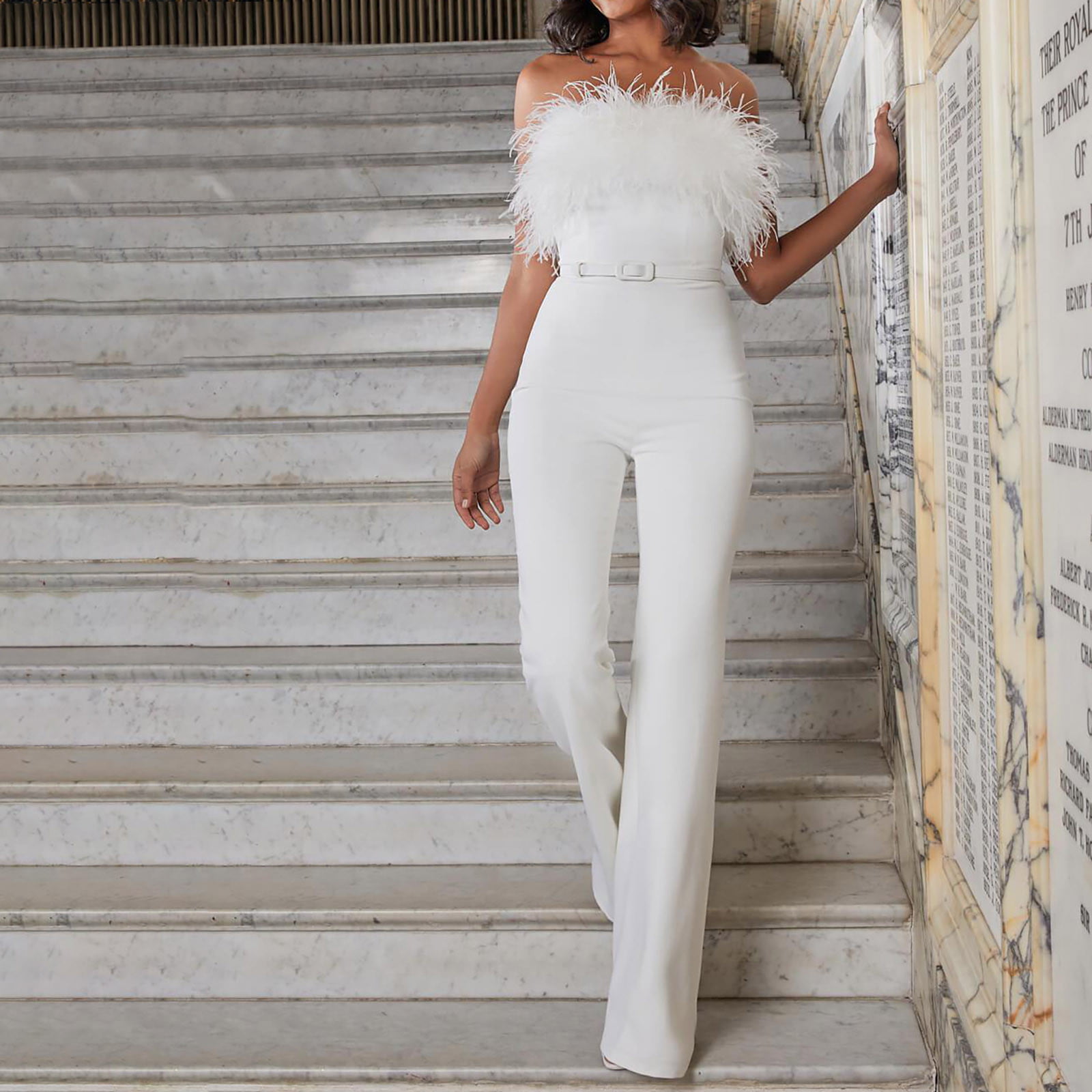 First Class White Bandeau Feather Wide Leg Jumpsuit –, 54% OFF
