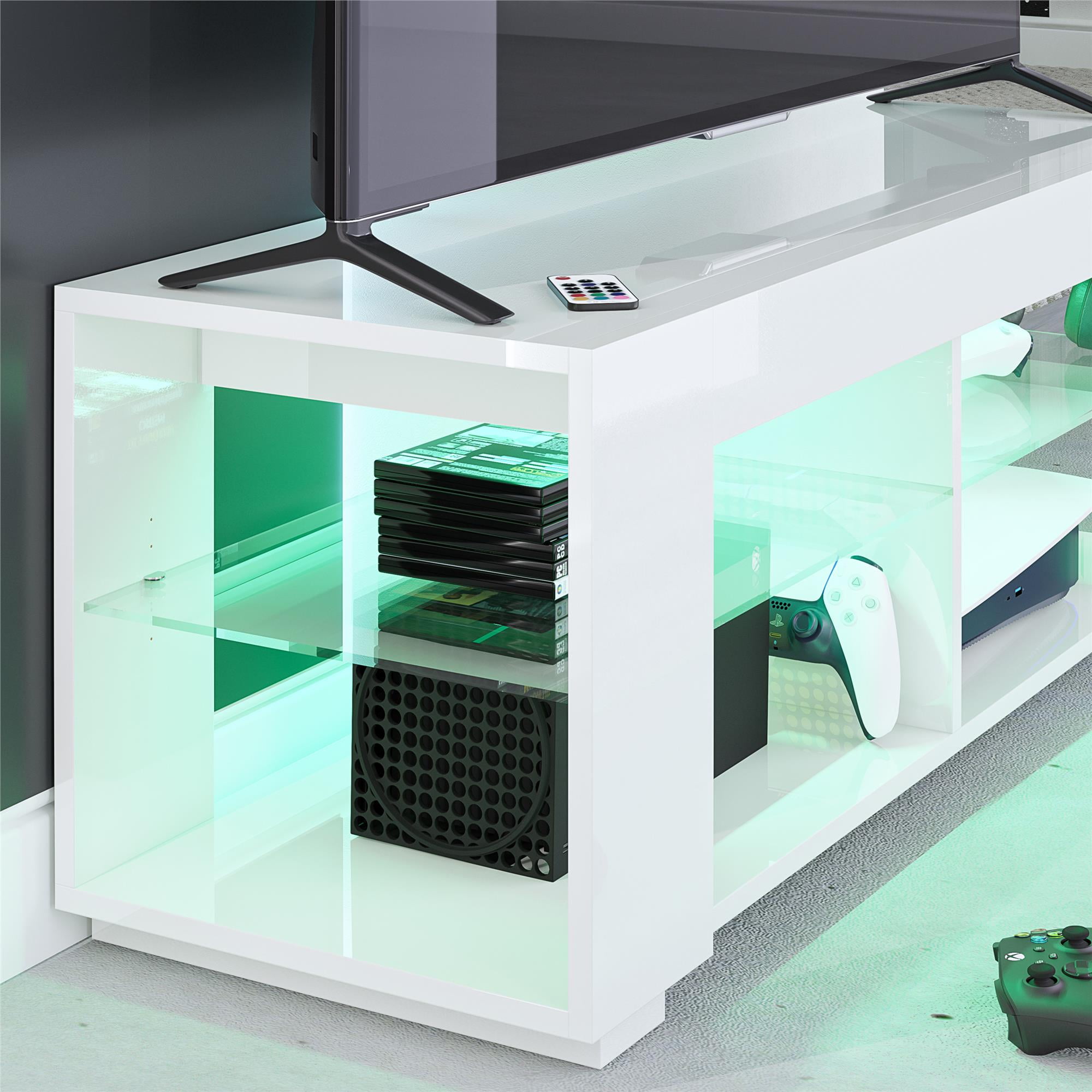 NTense LED TV Stand with Glass Shelves for TVs up to 55", White Gloss