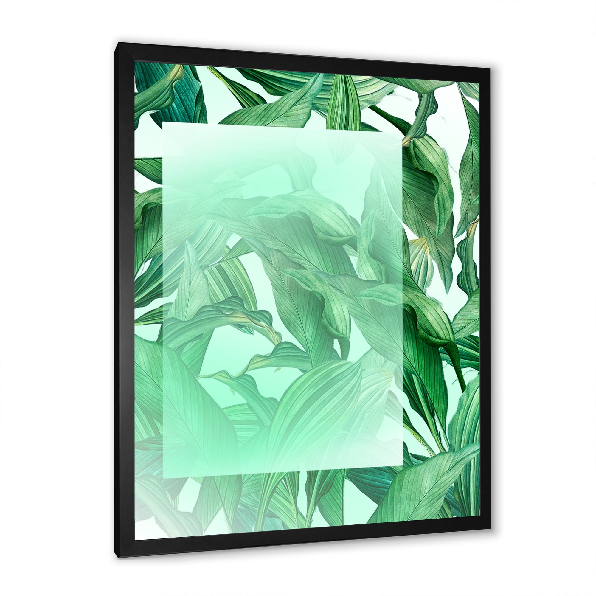 Designart 'Tropical Palm Green Leaves Under White Rectangle' Nautical & Coastal Framed Art Print