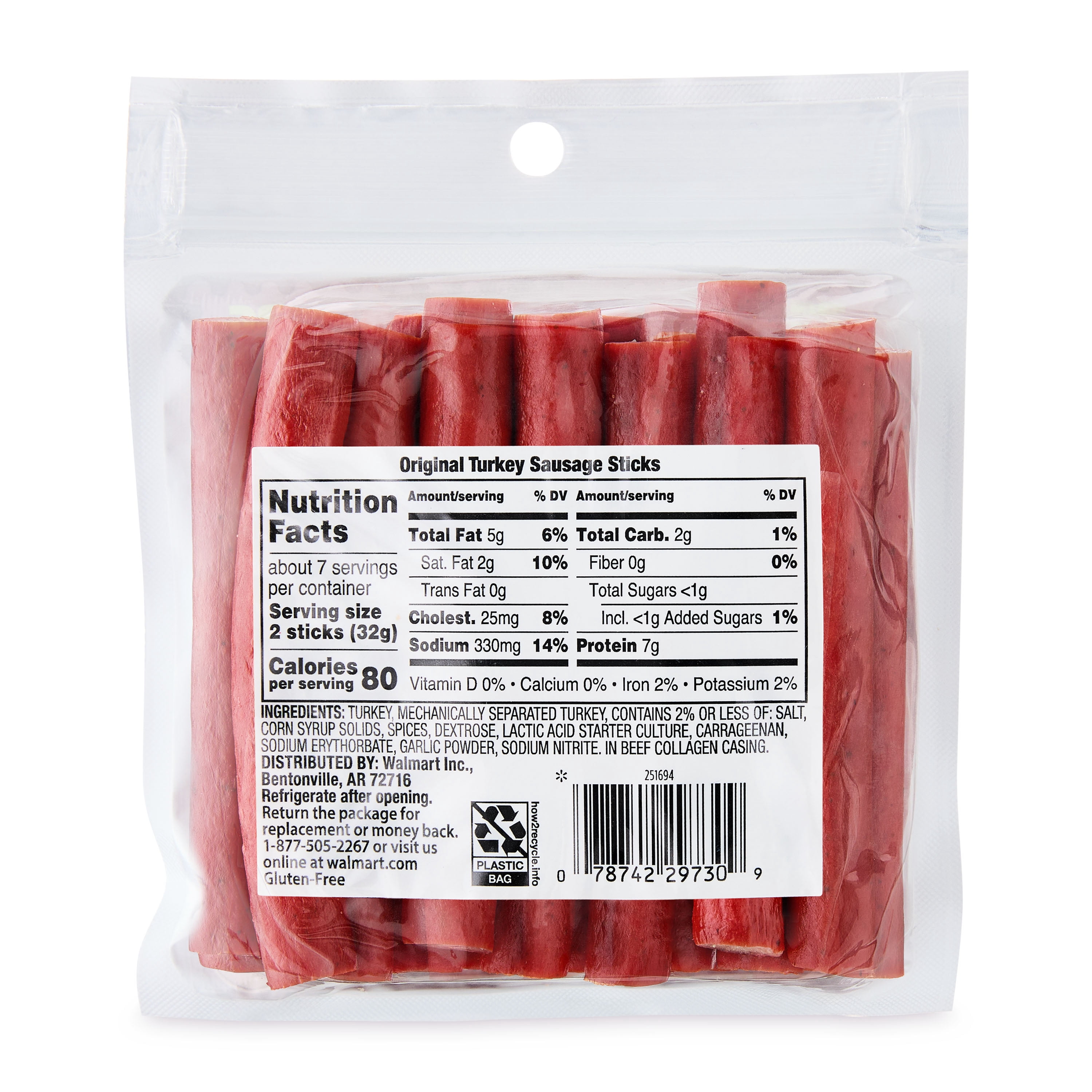(4 pack) Great Value Original Turkey Sausage Sticks, Fully Cooked, 8 oz (Resealable Plastic Package)