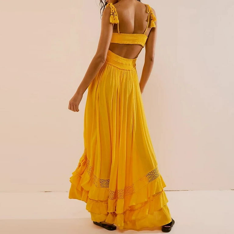 Women Sexy V-neck Ruffled Long Dress Elegant Lace Patchwork Hollow Out Solid  Party Dress 2024 Casual Lace-up Pleated Swing Dress - Walmart.com