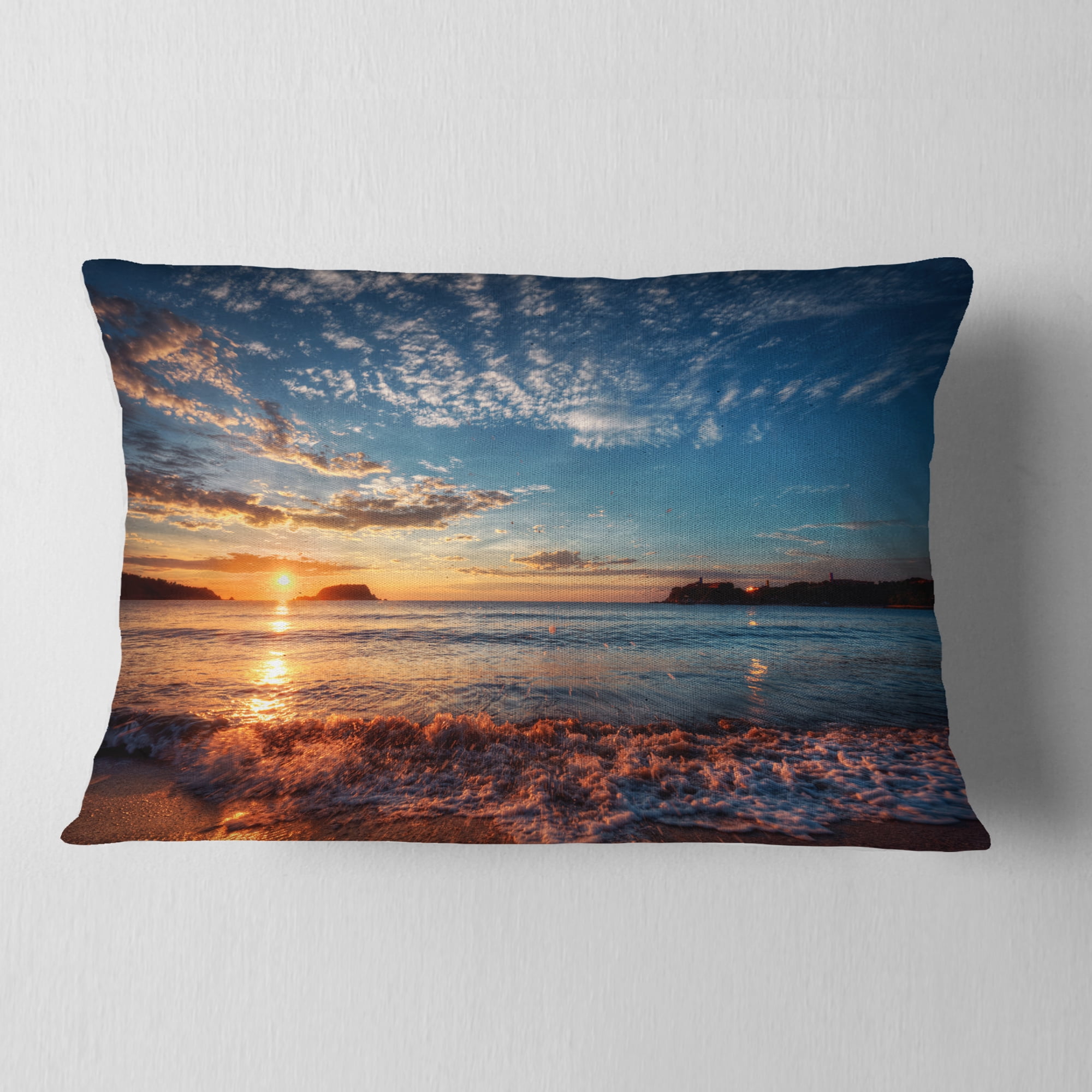 Designart Tranquil Beach and Whimsical Clouds - Seashore Photo Throw Pillow - 12x20