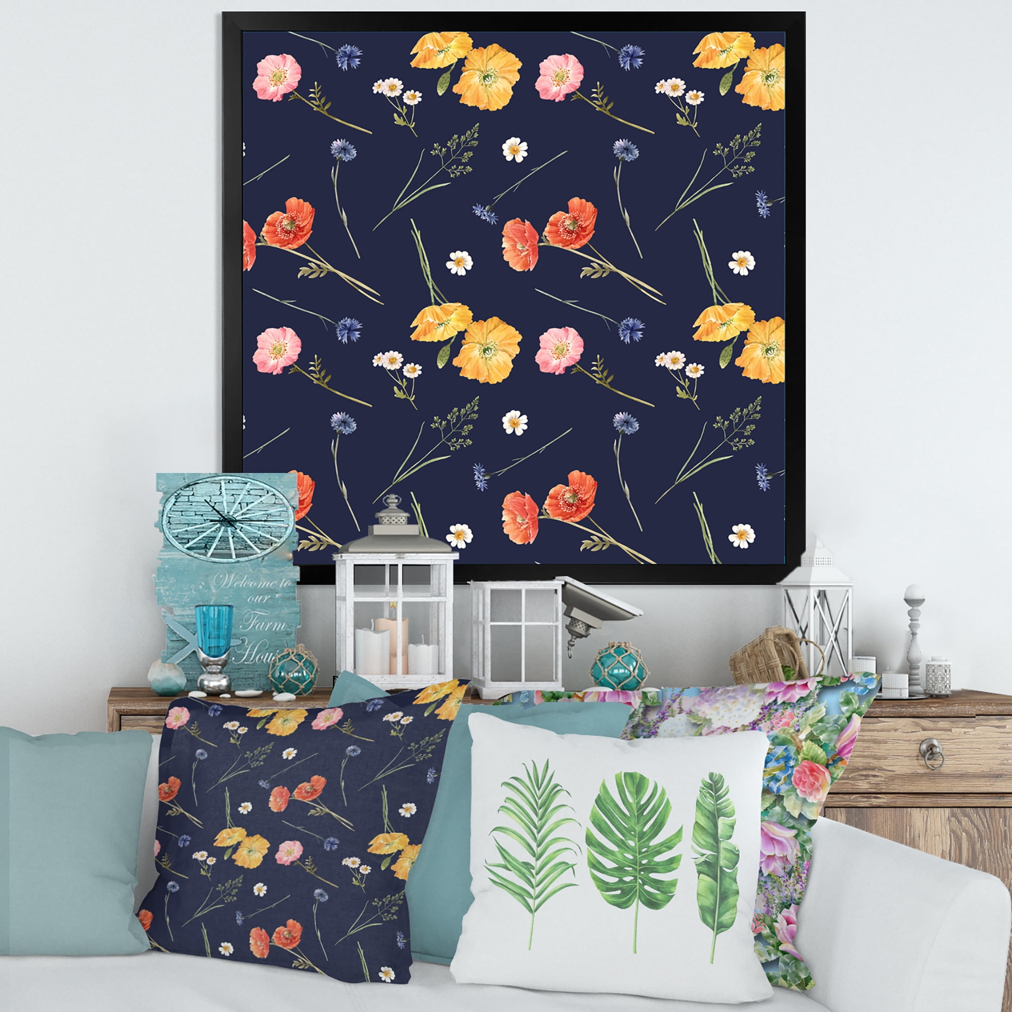 Designart 'Yellow and Orange Wild Flowers On Dark Blue' Traditional Framed Art Print