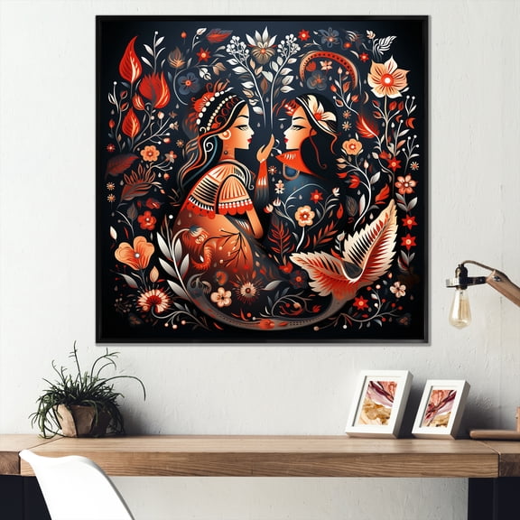 Designart "Rajasthani Folklore Tales Indian Art I" People Framed Wall Art - Traditional Coral Indian Art Entryway Framed Wall Art