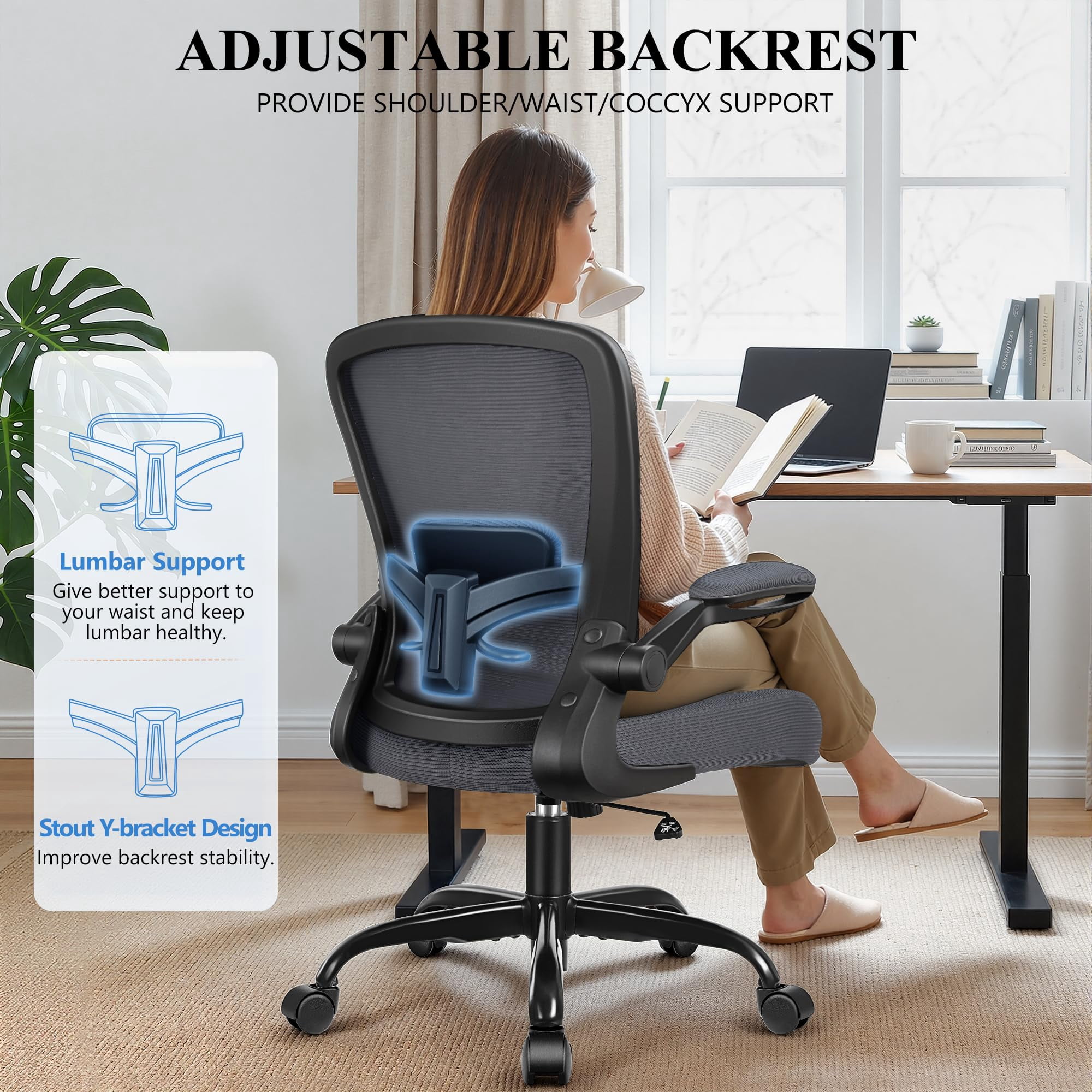 Office Chair, Ergonomic Desk Chair Breathable Mesh Chairs Adjustable High Back Lumbar Support Flip-up Armrests, Executive Rolling Swivel Comfy Computer Chairs Home Office Black