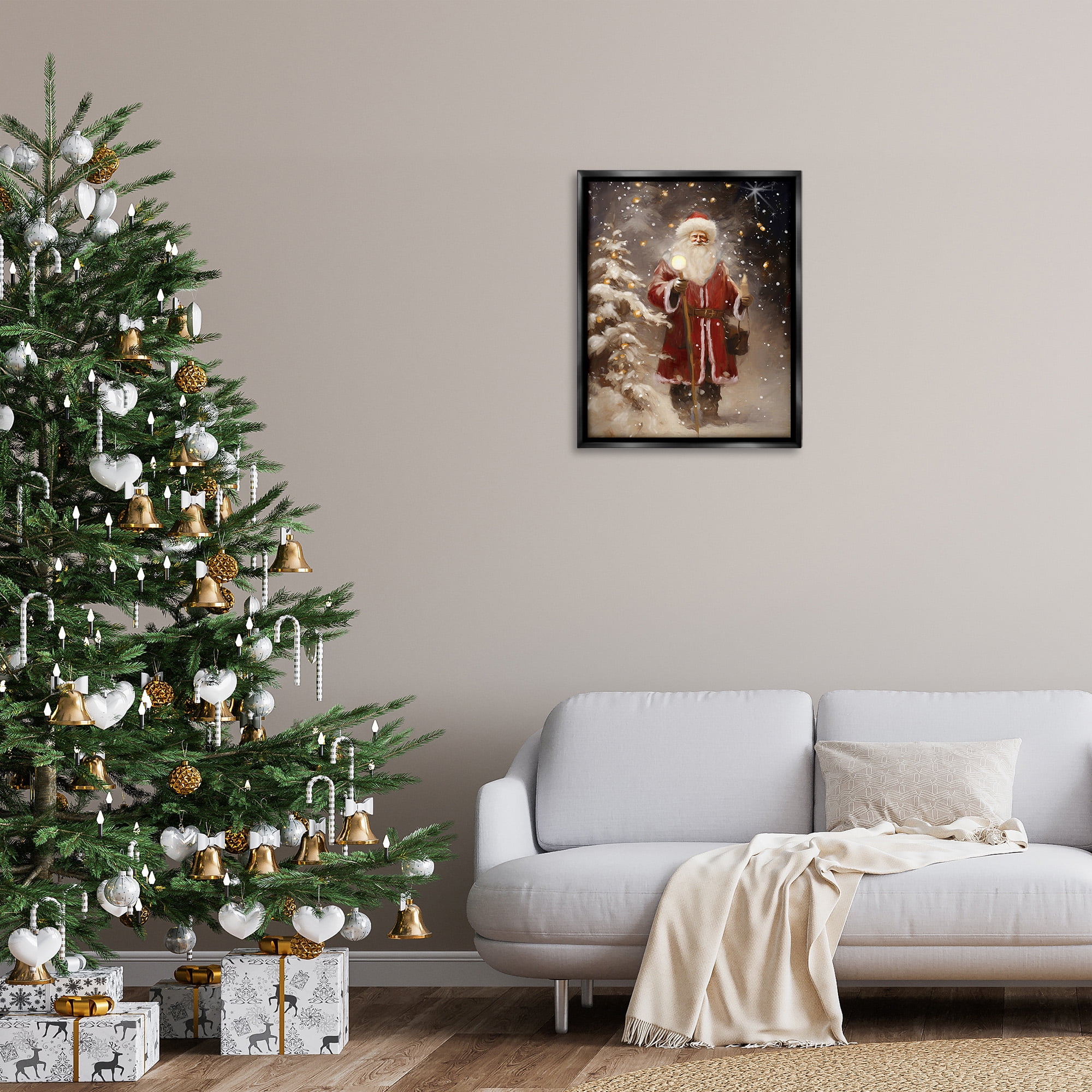 Stupell Industries Santa in Snowy Night Scene Holiday Painting Black Floater Framed Canvas Art Print Wall Art, 25 x 31